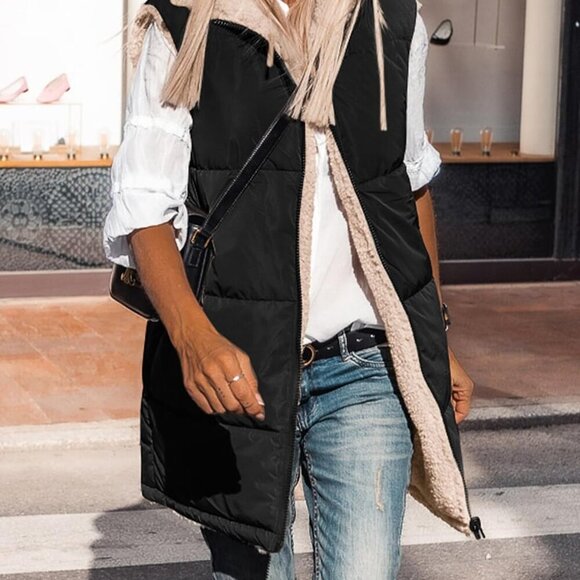 Fall Long Puffer Vest Women Sleeveless Hooded Reversible Fleece Sherpa Jacket Zi - Picture 2 of 5